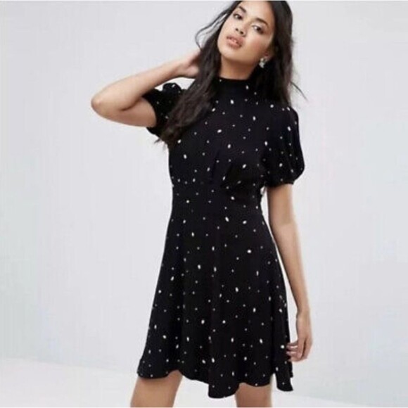 Free People Mini Dress Women Size 2 Black Cream A-Line Flare Keyhole Abbie - Picture 1 of 10